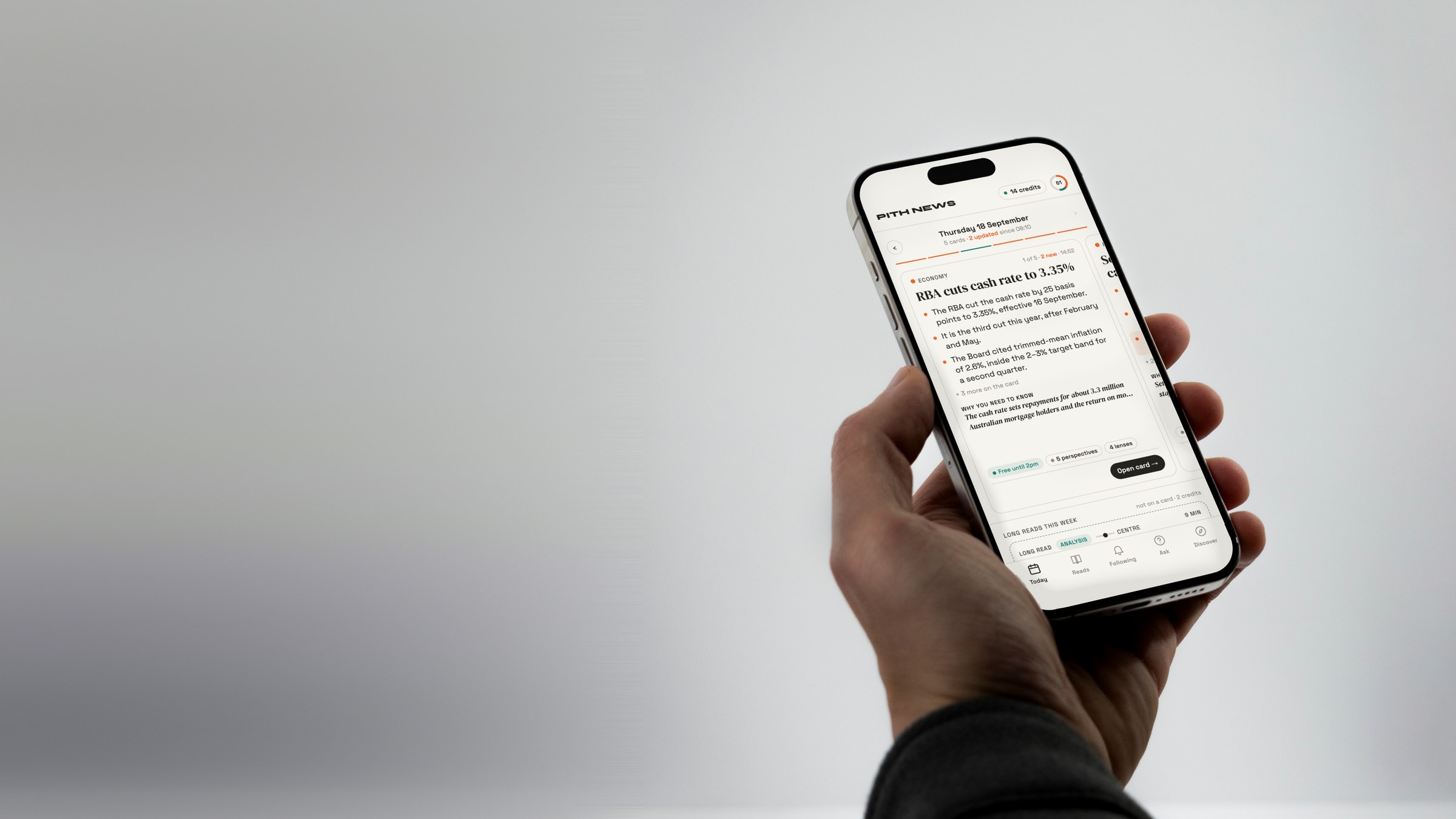 A reader holding a phone showing the Pith News feed: Need to Know stories, marked free, with bylines and read times.